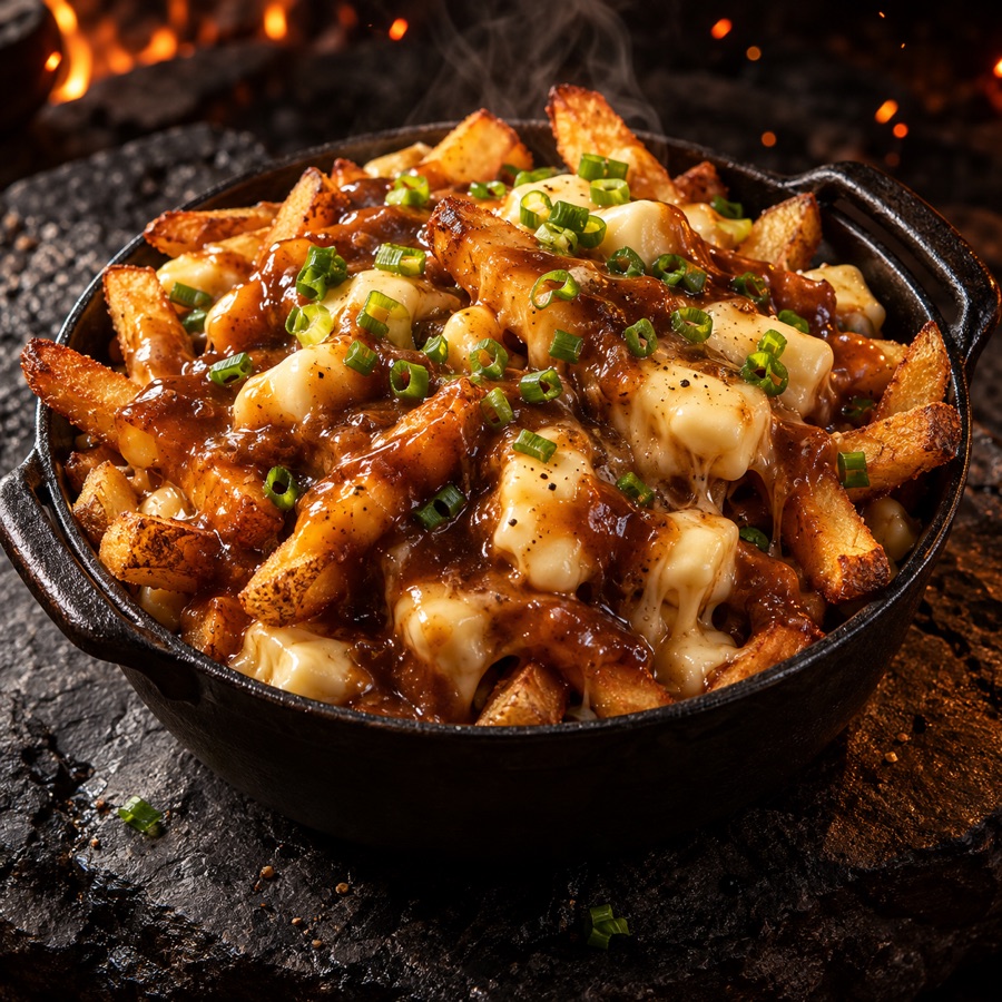 Poutine clássica, batata frita com queijo e molho de carne